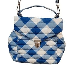 Think Royln The Evelyn Crossbody Bag Blue White Ginham Quilted Puffer Turn Lock